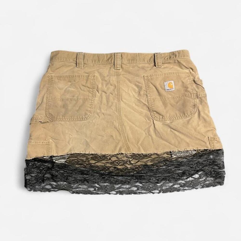 XL custom upcycled Carhartt tan mini skirt with lace trim whimsigoth lace grunge
